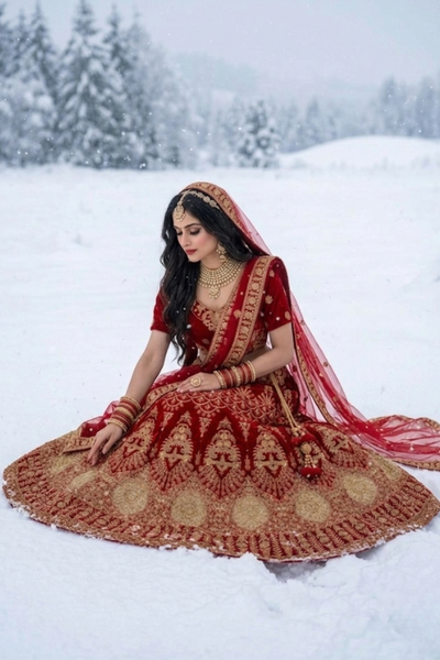 Bride seated in red velvet bridal lehenga with gold embroidery in the snow