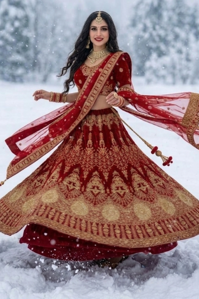 Bride twirling in red velvet bridal lehenga showing full embroidered skirt