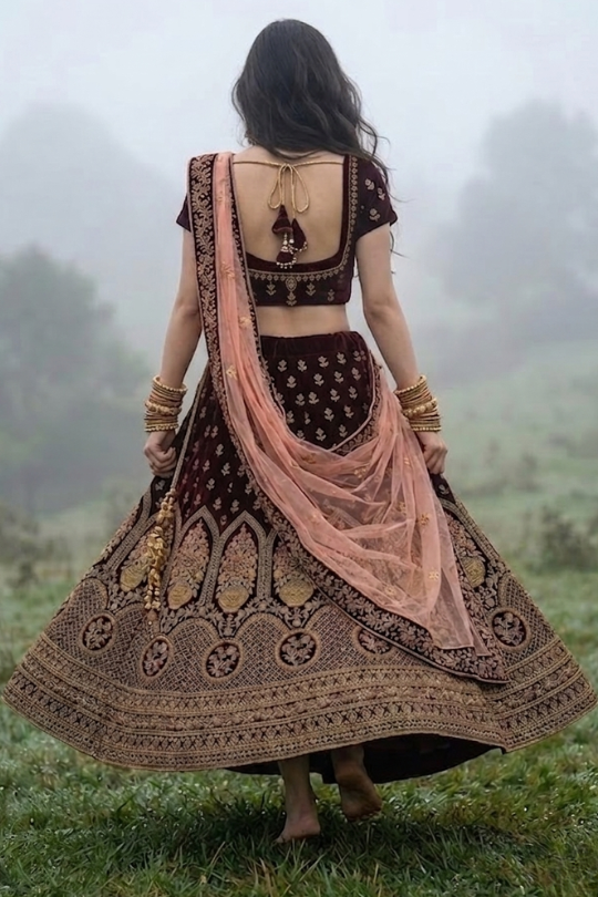 Model wearing Royal Wine Embroidered Lehenga Set Back View