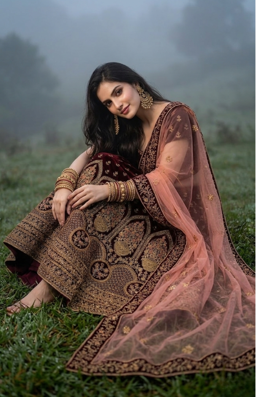 Model sitting on grass wearing Royal Wine Lehenga showcasing embroidered blush pink dupatta