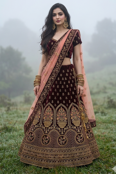 Model wearing Royal Wine Embroidered Lehenga Set with Blush Pink Dupatta front view
