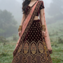 Model wearing Royal Wine Embroidered Lehenga Set with Blush Pink Dupatta front view