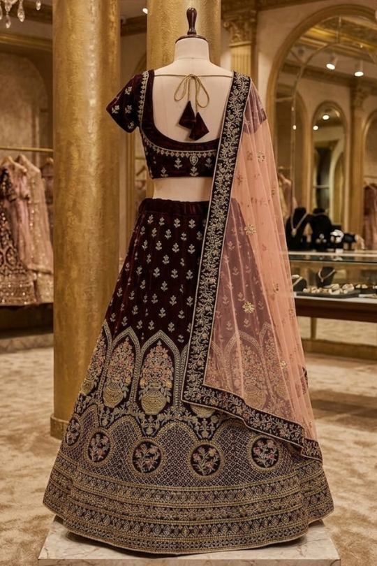 Royal Wine Embroidered Lehenga displayed on mannequin back