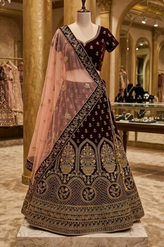 Royal Wine Embroidered Lehenga displayed on mannequin front