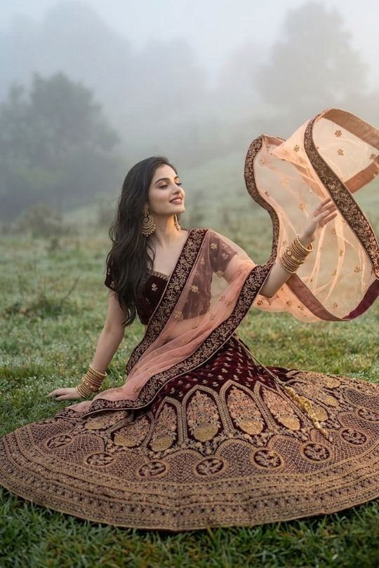 Model sitting in misty outdoor in Royal Wine Embroidered Lehenga displaying flared silhouette