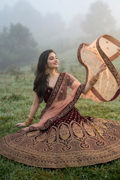 Model sitting in misty outdoor in Royal Wine Embroidered Lehenga displaying flared silhouette