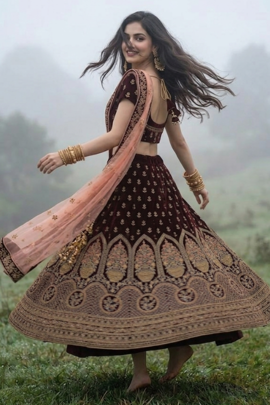 Twirl view of Royal Wine Embroidered Lehenga with blush pink dupatta