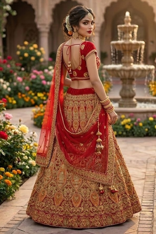 Model wearing Ruby Regal Embroidered Lehenga Set Back View