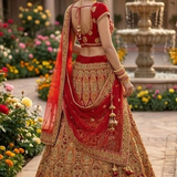 Model wearing Ruby Regal Embroidered Lehenga Set Back View