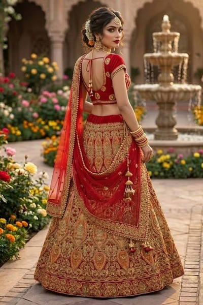 Model wearing Ruby Regal Embroidered Lehenga Set Back View