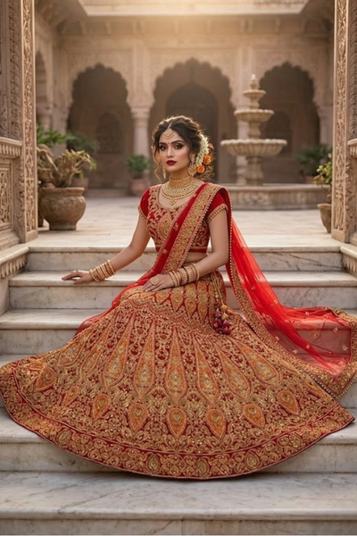 Ruby Regal Embroidered Lehenga displaying full flared silhouette