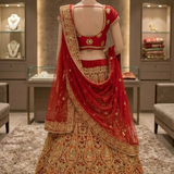 Ruby Regal Embroidered Lehenga displayed on mannequin back