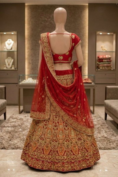 Ruby Regal Embroidered Lehenga displayed on mannequin back