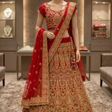 Ruby Regal Embroidered Lehenga displayed on mannequin front