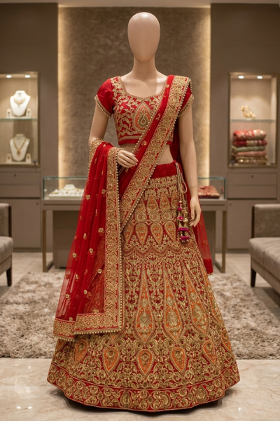 Ruby Regal Embroidered Lehenga displayed on mannequin front
