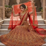 Ruby Regal Embroidered Lehenga sitting showcasing embroidered dupatta