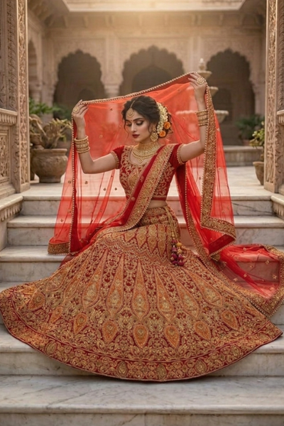 Ruby Regal Embroidered Lehenga sitting showcasing embroidered dupatta