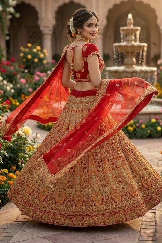 Side view of Ruby Regal Embroidered Lehenga with flowing dupatta