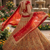Side view of Ruby Regal Embroidered Lehenga with flowing dupatta