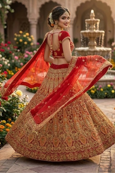 Side view of Ruby Regal Embroidered Lehenga with flowing dupatta