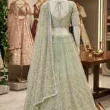 Sage green lehenga back view on display showing embroidered dupatta