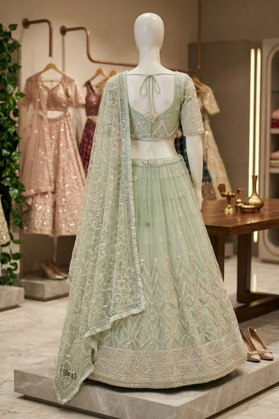 Sage green lehenga back view on display showing embroidered dupatta