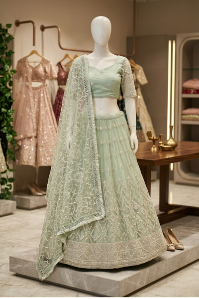 Sage green embroidered lehenga, front view on display