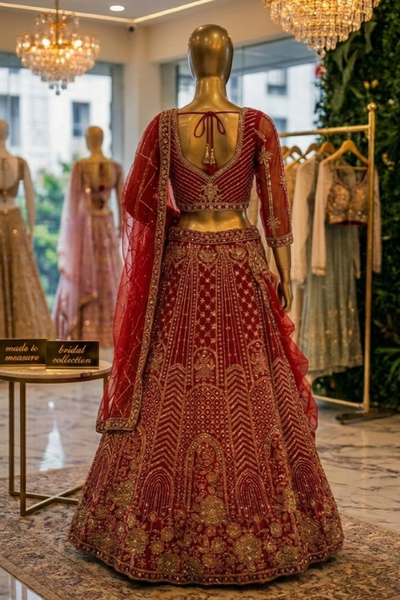 Scarlet bridal lehenga back view on display showing blouse and dupatta detailing