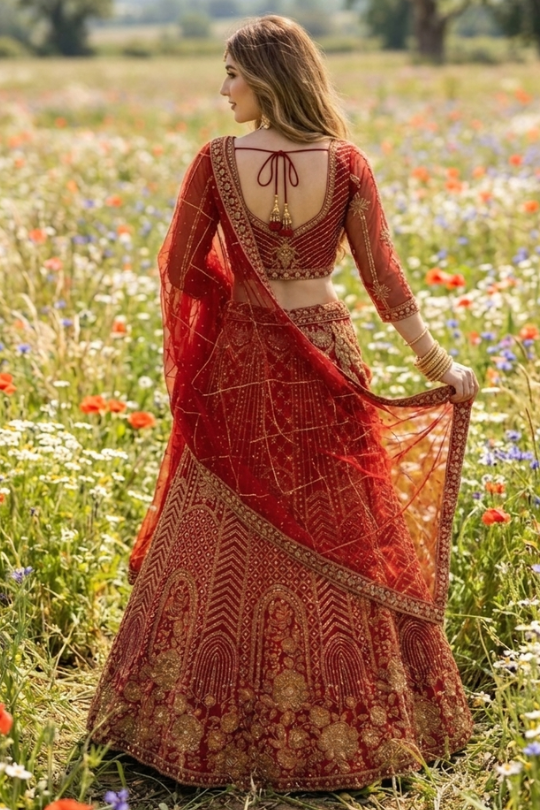 Scarlet bridal lehenga back view showing blouse tie-back and dupatta drape