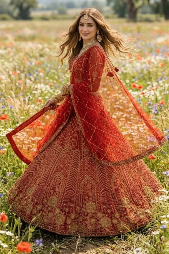 Bride in scarlet bridal lehenga with dupatta flowing in a wildflower field