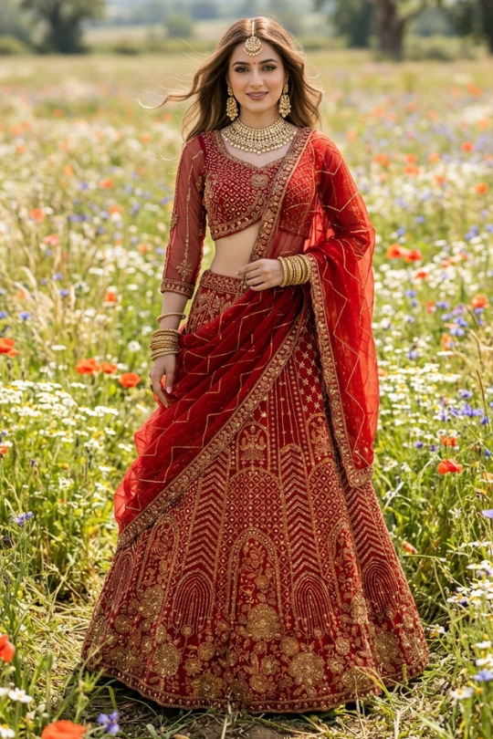 Bride in scarlet red bridal lehenga with gold embroidery, standing in a wildflower field