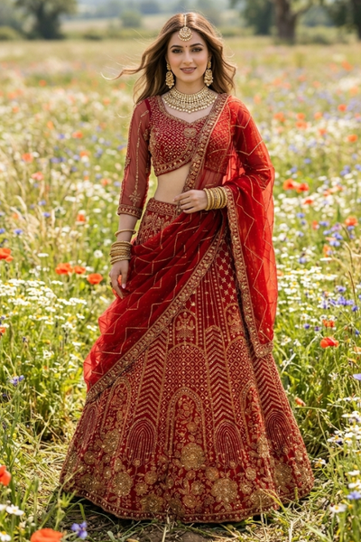 Bride in scarlet red bridal lehenga with gold embroidery, standing in a wildflower field