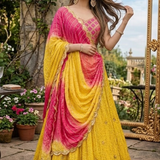 Sunset Yellow Lehenga featuring draped pink ombre dupatta