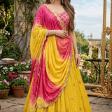 Sunset Yellow & Pink Ombre Lehenga Set with Draped Dupatta front view