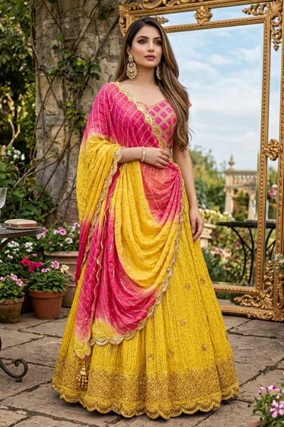 Sunset Yellow & Pink Ombre Lehenga Set with Draped Dupatta front view