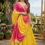 Sunset Yellow & Pink Ombre Lehenga Set with Draped Dupatta front view