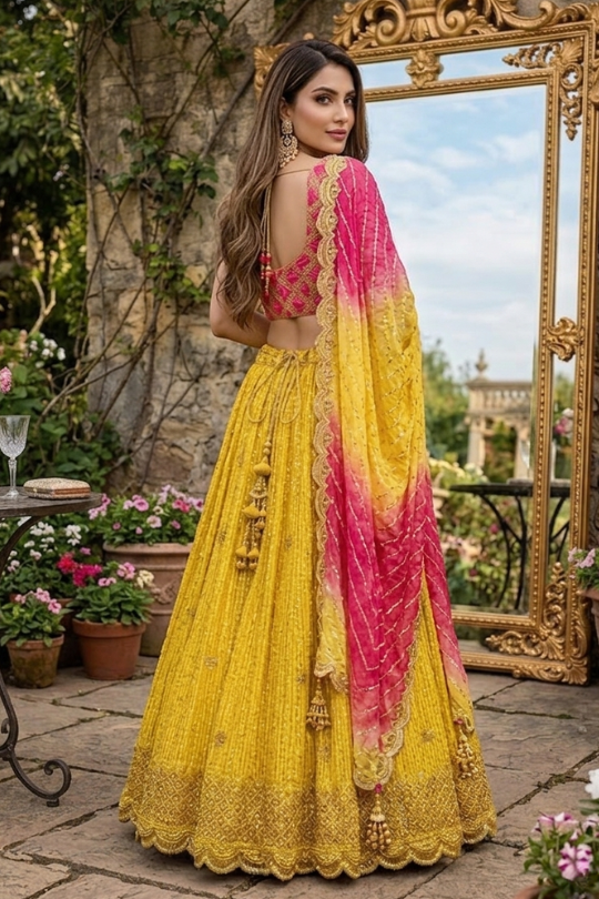 Model wearing Sunset Yellow Ombre Lehenga Set back view