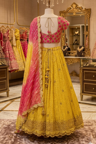 Sunset Yellow Ombre Lehenga displayed on mannequin back