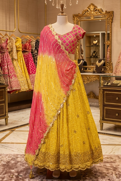 Sunset Yellow Ombre Lehenga displayed on mannequin front