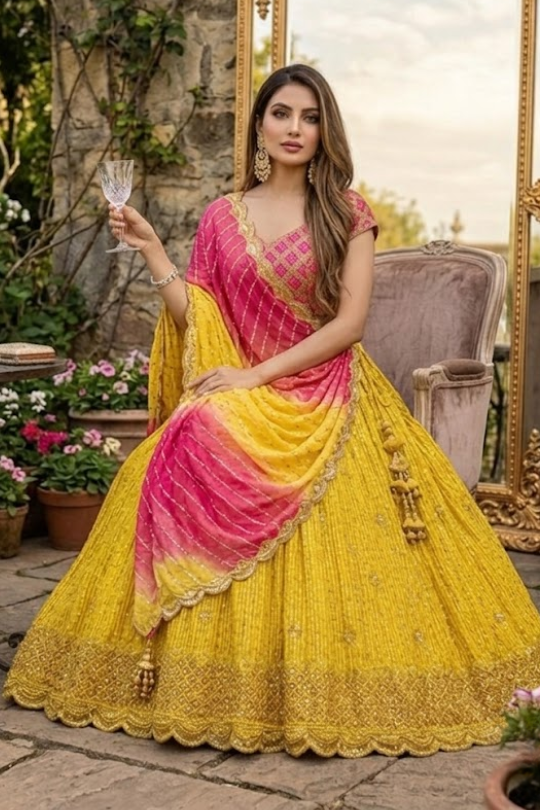 Seated view of Sunset Yellow Lehenga with pink ombre dupatta