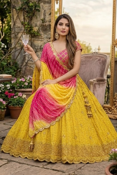 Seated view of Sunset Yellow Lehenga with pink ombre dupatta