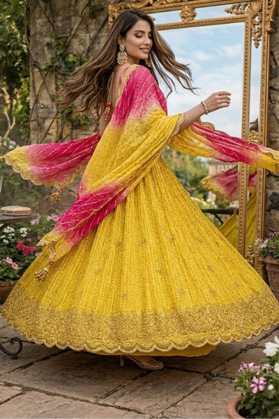 Sunset Yellow Ombre Lehenga showcasing flared silhouette