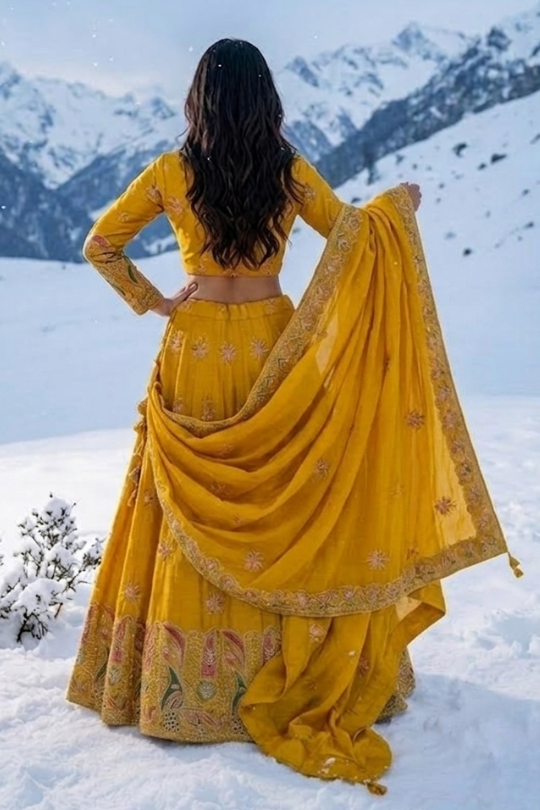 Sunshine Royale mustard lehenga back view showing dupatta drape over shoulders