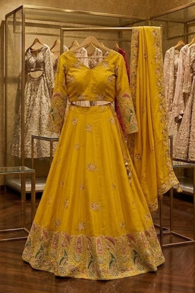 Sunshine Royale mustard embroidered lehenga set, front view on display