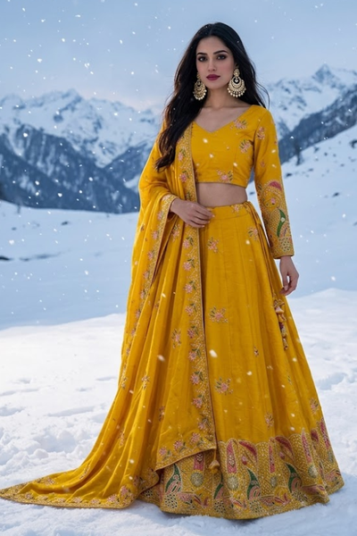 Woman in Sunshine Royale mustard embroidered lehenga set, snowy mountain backdrop