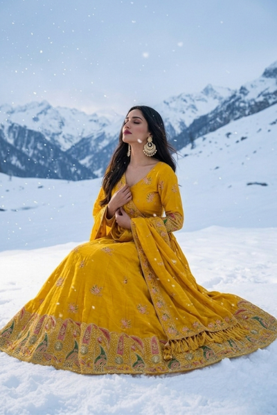 Woman seated in Sunshine Royale mustard embroidered lehenga set in a snowy setting