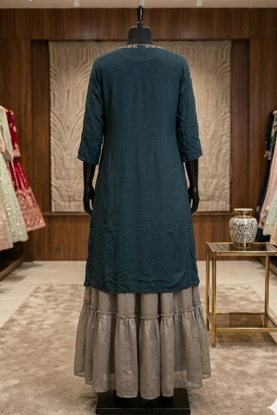 Teal kurta skirt set back view on display showing layered skirt
