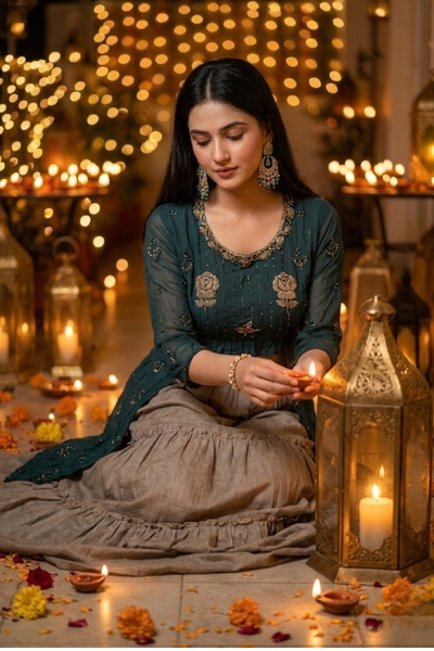 Teal kurta skirt set with grey flared skirt, seated lighting a diya