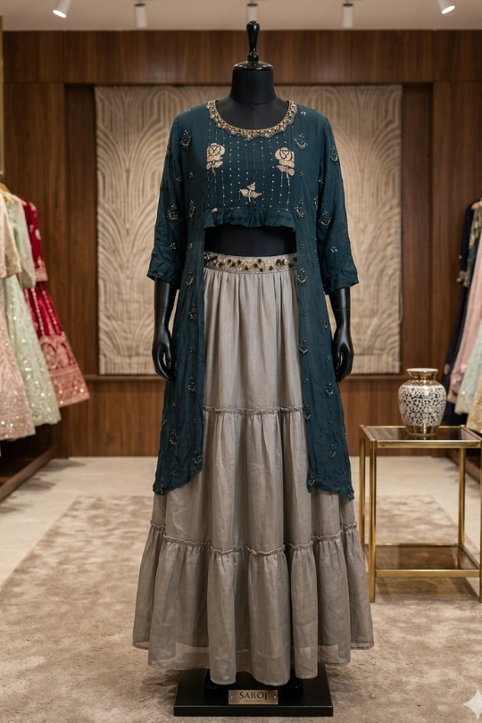 Teal embroidered kurta with grey flared skirt, front view on display
