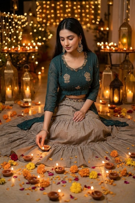 Woman in teal Indo-Western kurta set seated among marigolds and diyas